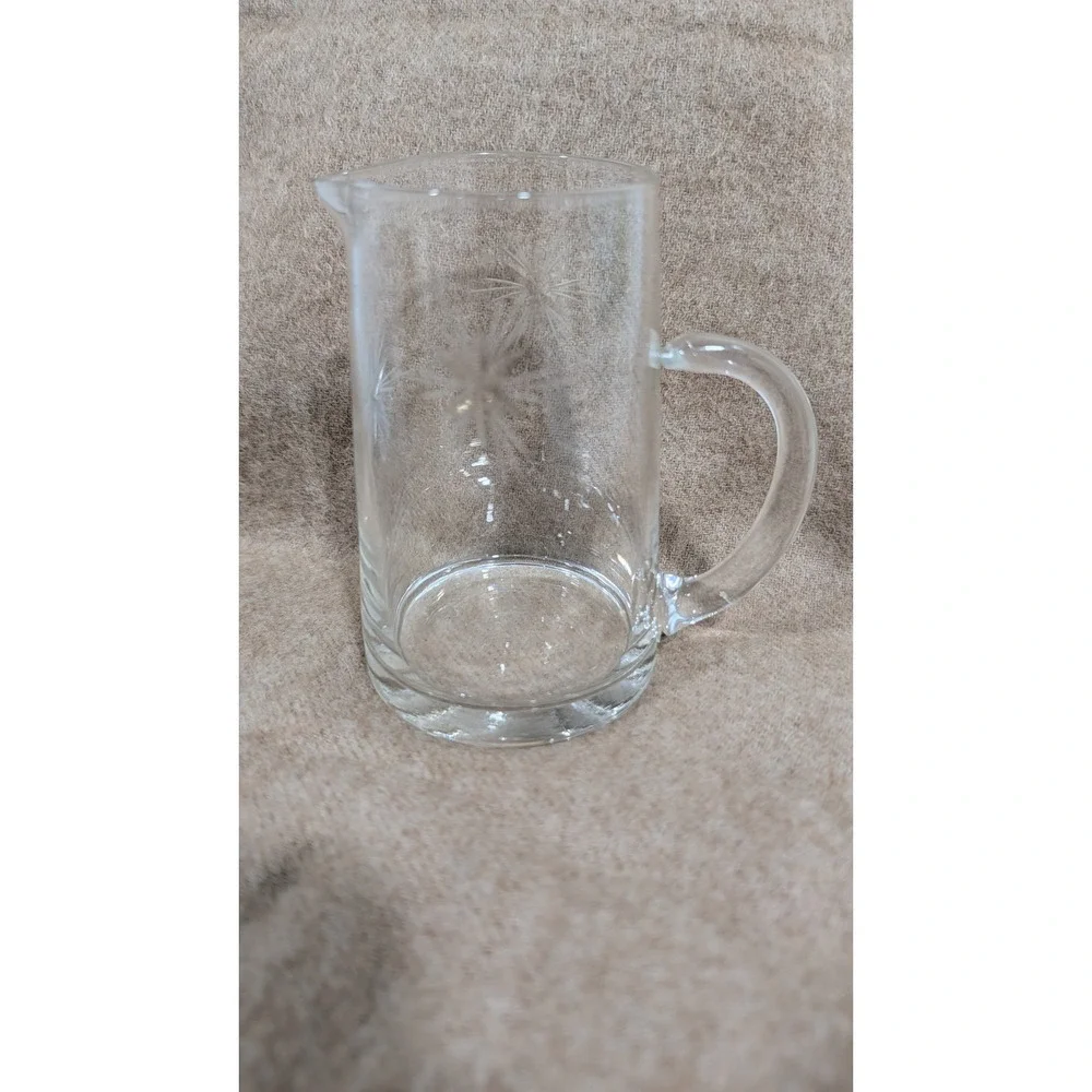 Fostoria Etched Starburst Clear Cream Glass Pitcher with Handle and Spout vtg